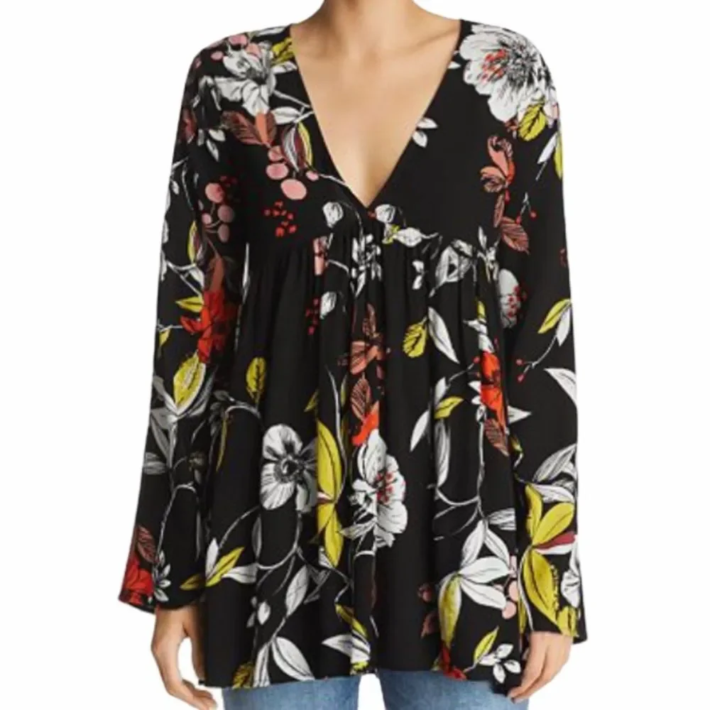Free People Bella Black Red Green Floral Tunic Long Bell Sleeves Small